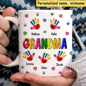 Personalized Colorful Grandma/Mom Handprint Grandkids Mug