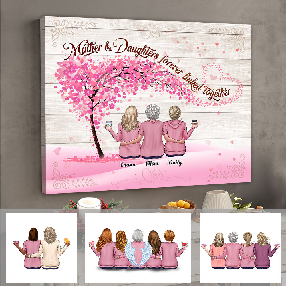 Mother & Daughters Forever Linked Together - Family Personalized Horizontal Poster - Gift For Daughter From Mother