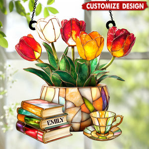 Nostalgic Tulips, Books, And Tea - Personalized Window Hanging Suncatcher