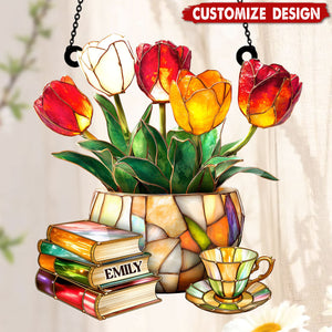 Nostalgic Tulips, Books, And Tea - Personalized Window Hanging Suncatcher