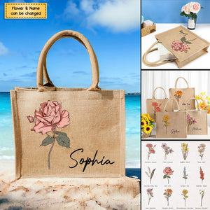 Personalized Birth Flower Jute Tote Bag