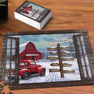 Red Truck Farmhouse Christmas Family Custom Names - Personalized Jigsaw Puzzle