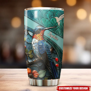 Personalized Stained Glass Hummingbird White Feather Pattern Tumbler
