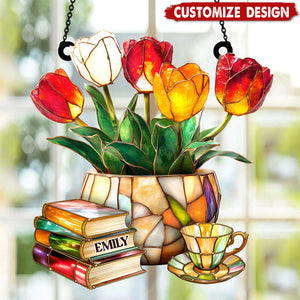 Nostalgic Tulips, Books, And Tea - Personalized Window Hanging Suncatcher