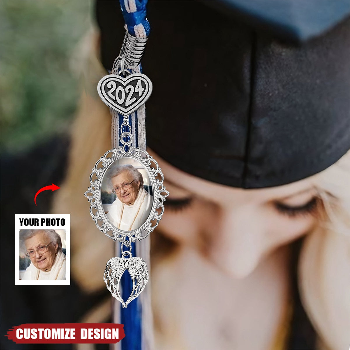 Personalized Graduation Tassel Photo Charm with Angel Wings - Memorial Graduation Gift