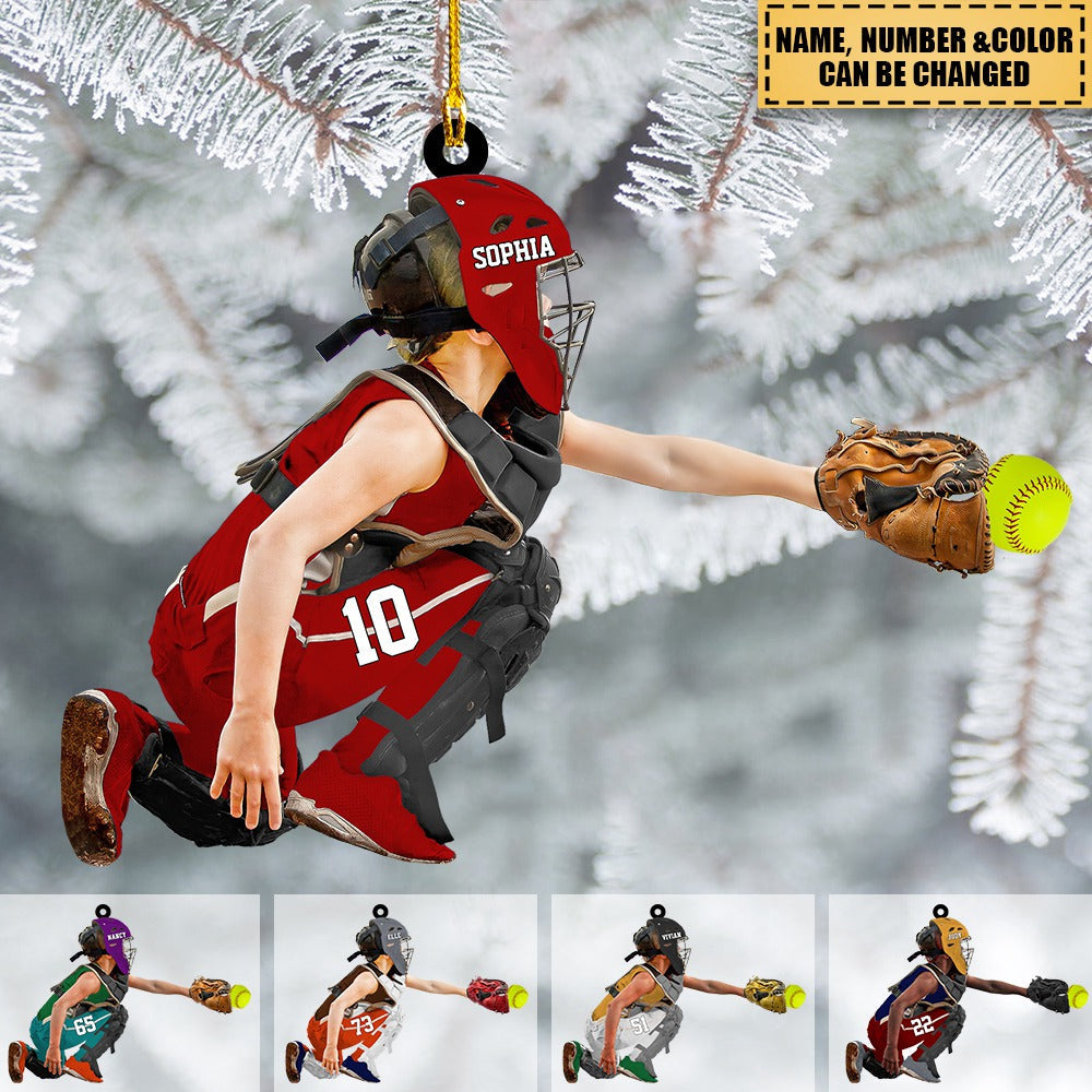 Personalized Apperance And Name Acrylic Ornament - Gift For Softball Lovers