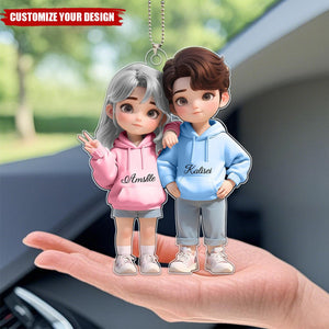 Cute Cartoon Couple Personalized Car Ornament, Anniversary Valentine's Day Gift For Couple