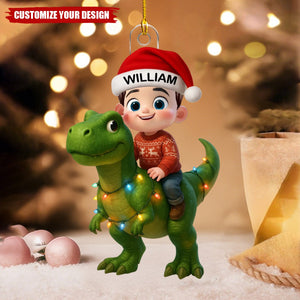 Personalized Cute Cartoon Kid With Dinosaur Christmas Acrylic Ornament, Unique Gift For Grandkids