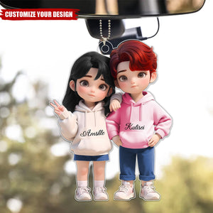 Cute Cartoon Couple Personalized Car Ornament, Anniversary Valentine's Day Gift For Couple