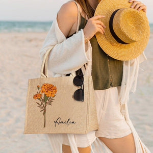 Personalized Birth Flower Jute Tote Bag