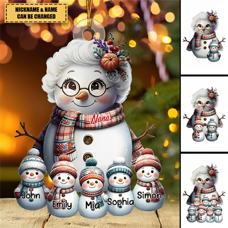 Snowman Grandma With Adorable Grandkids - Personalized Acrylic Ornament