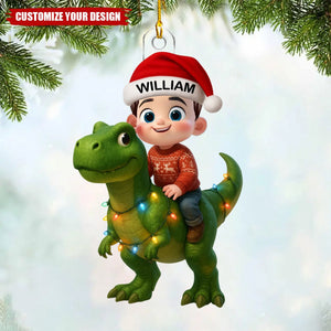 Personalized Cute Cartoon Kid With Dinosaur Christmas Acrylic Ornament, Unique Gift For Grandkids