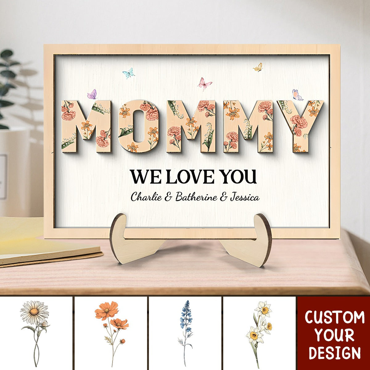 Mom We Love You, Personalized 2-Layer Wooden Plaque, Birth Month Flower, Gift For Mom