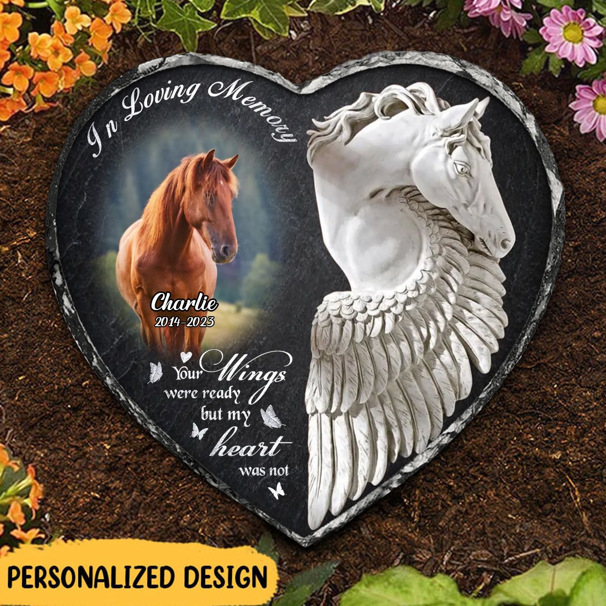 In Loving Memory - Personalized Horse Photo Heart Lithograph Stone