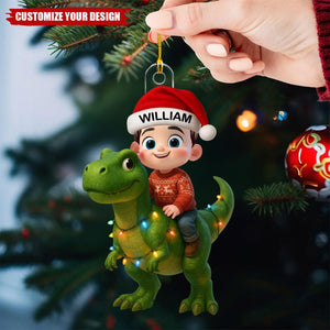 Personalized Cute Cartoon Kid With Dinosaur Christmas Acrylic Ornament, Unique Gift For Grandkids