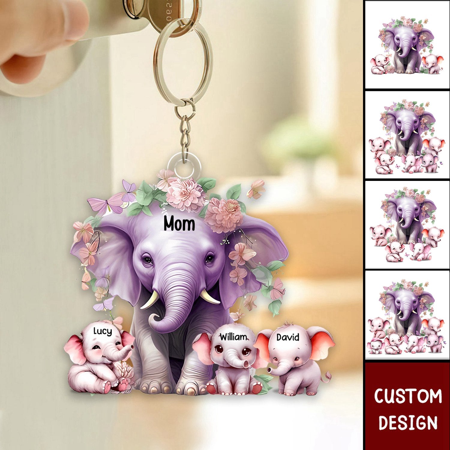 Mama Purple Elephant With Little Kids - Personalized Acrylic Keychain - Gift For Mom, Grandma