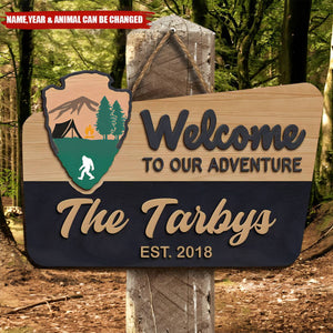 Welcome To Our Adventure Wooden Sign - Personalized 2 Layer Wooden Door Sign