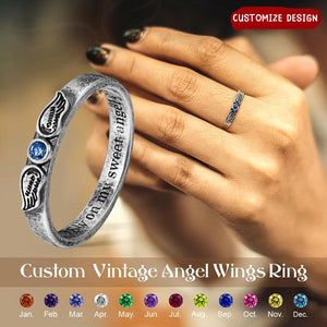 Angel Wings with Birthstone - Personalized Vintage Engraved Ring, Memorial Gift