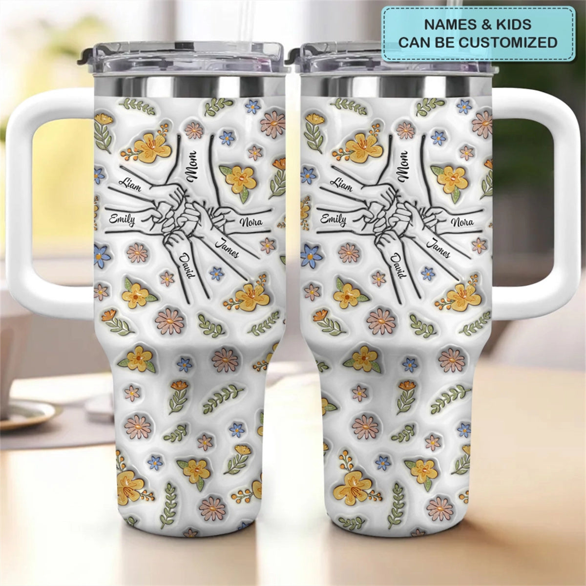 Floral Mom Hand- Personalized Tumbler With Handle - Mother's Day Gift