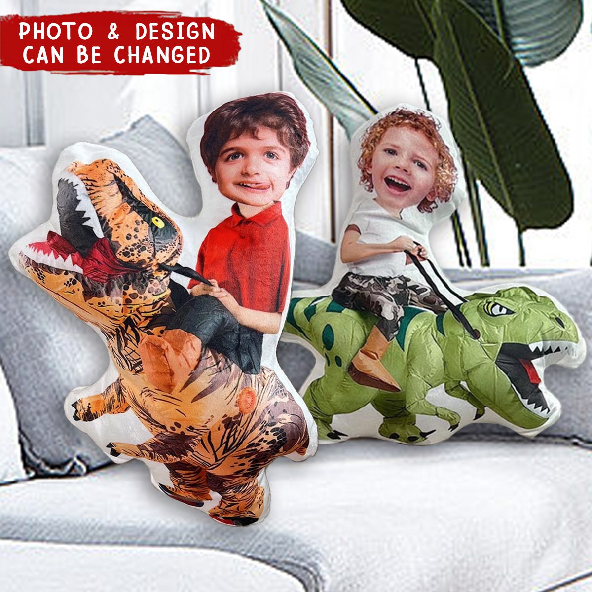Kids Riding Dinosaur For Sons, Daughters - Personalized Photo Custom Shaped Pillow