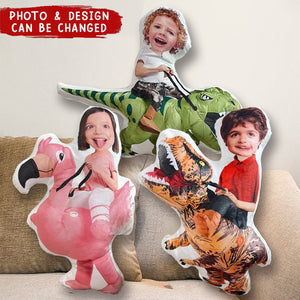 Kids Riding Dinosaur For Sons, Daughters - Personalized Photo Custom Shaped Pillow