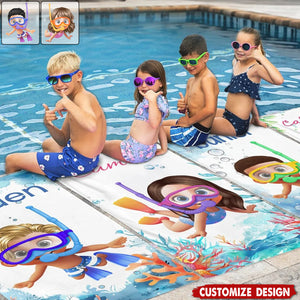 Personalized Cartoon Kid Scuba Diver Beach Towel - Gift for Boys Girls