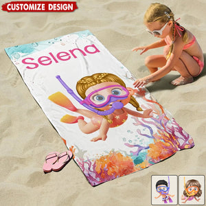Personalized Cartoon Kid Scuba Diver Beach Towel - Gift for Boys Girls