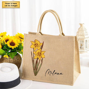 Personalized Birth Flower Jute Tote Bag