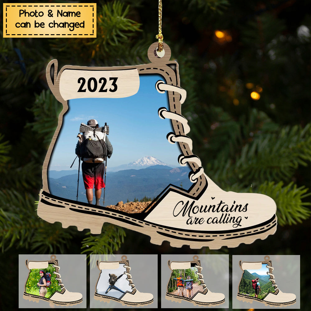 Mountains Are Calling - Personalized Christmas Photo Upload Gifts Custom Wooden Ornament for Hiking Lovers