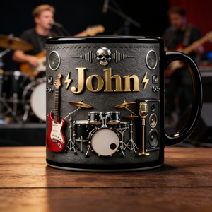 Personalized Rock Music Mug with Name, Guitar Drum Coffee Cup