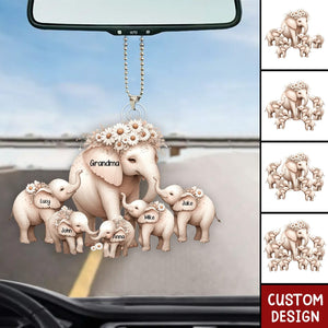 Mama Elephant With Little Kids - Personalized Acrylic Car Ornament - Mother's Day Gift