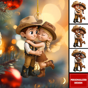 Cartoon Style Countryside Couple Cowboy Cowgirl Personalized Christmas Ornament