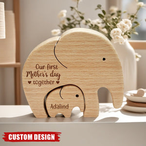 Wooden Mom And Baby Elephant - Personalized Elephant Wooden Puzzle, First Mother's Day Gift