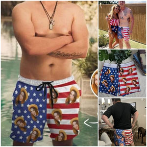 Personalized Swim Trunks Custom Swimming Shorts Custom Face Stars Stripes Men's Quick Dry Swim Shorts Mens Print Swimwear with Girlfriend's Face