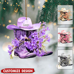 Personalized Boots And Hat With Flower Cowgirl / Cowboy Christmas Ornament