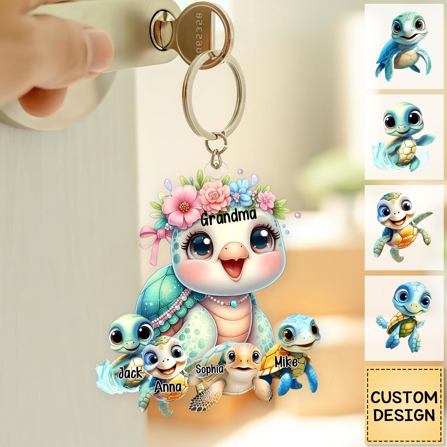 Mama Turtle With Little Kids - Personalized Acrylic Keychain - Gift For Mom, Grandma