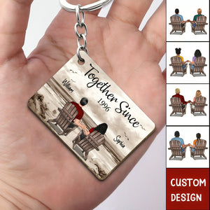 Retro Vintage Back View Couple Sitting Beach Landscape Personalized Wooden Keychain