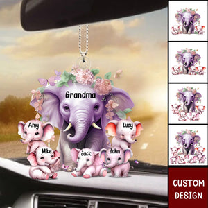 Mama Purple Elephant With Little Kids - Personalized Acrylic Ornament - Gift For Mom, Grandma