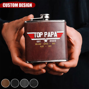 Personalized Papa Leather Flask - Upto 12 Children - Gift Idea for Dad/Grandpa