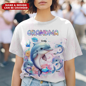 Personalized Grandma or Mom Watercolor Dolphin & Kid Names 3D T-shirt Printed