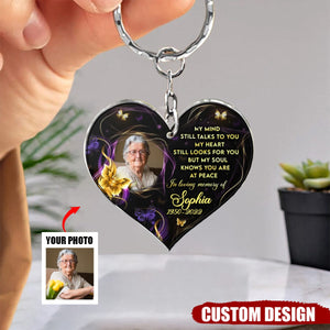 My Mind Still Talks To You - Personalized Photo Memorial Heart Acrylic Keychain - Gift For Family Member