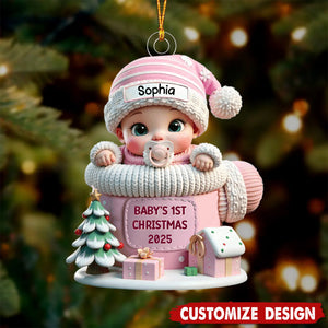 Baby In Mitten Baby's First Christmas Personalized Acrylic Flat Ornament