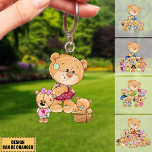 Personalized Mama Bear Colorful Flower With Little Kids Acrylic Keychain - Gift For Mom, Grandma