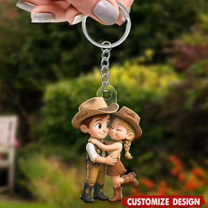 Cartoon Style Countryside Couple Cowboy Cowgirl Personalized Keychain