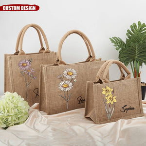 Personalized Birth Flower Jute Tote Bag