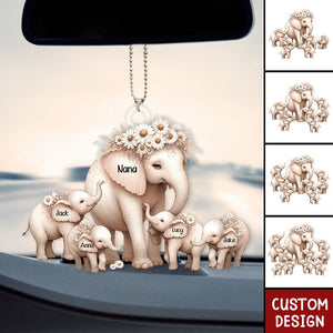 Mama Elephant With Little Kids - Personalized Acrylic Car Ornament - Mother's Day Gift