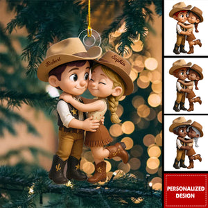 Cartoon Style Countryside Couple Cowboy Cowgirl Personalized Christmas Ornament
