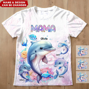 Personalized Grandma or Mom Watercolor Dolphin & Kid Names 3D T-shirt Printed