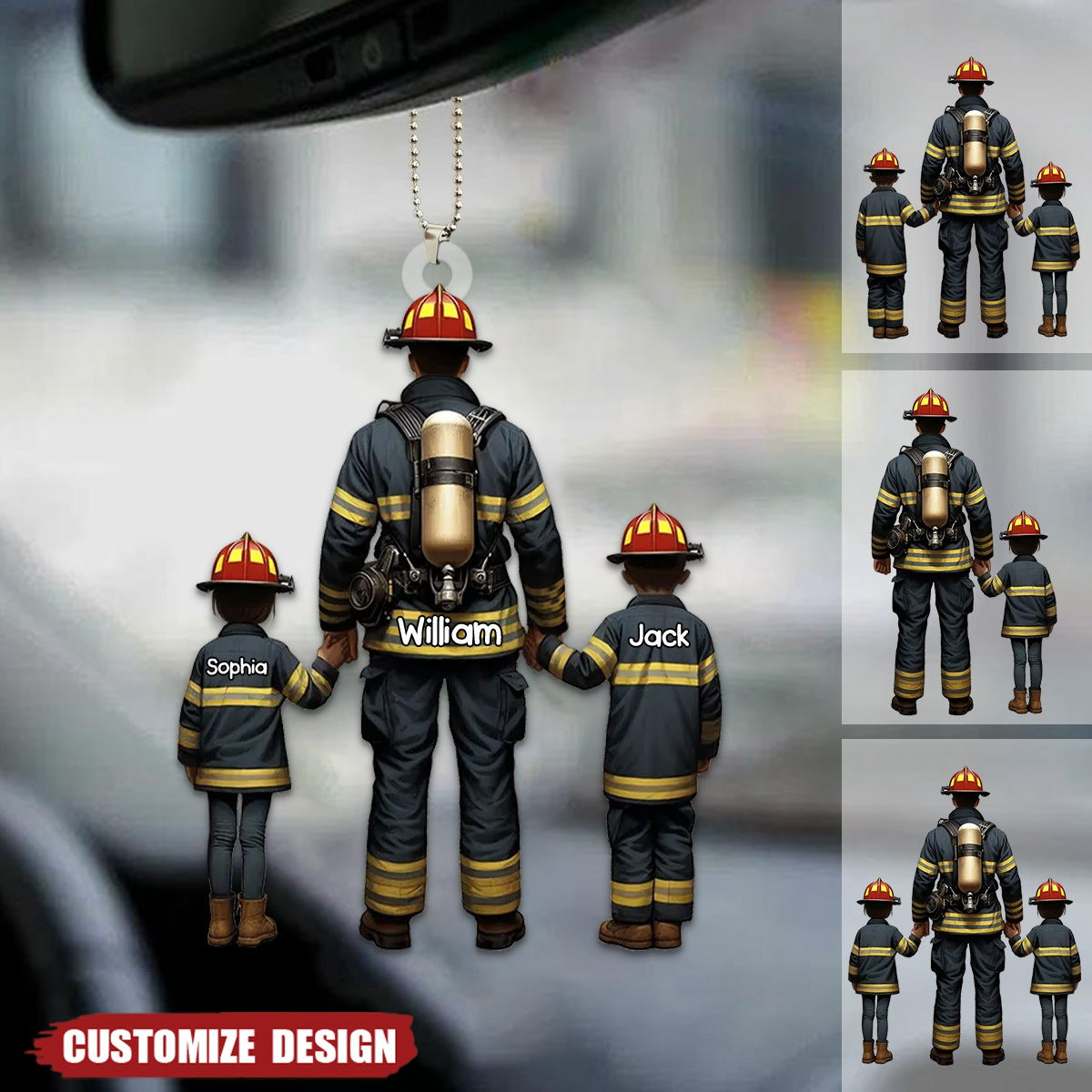 Firefighter Dad And Kids - Personalized Acrylic Car Ornament