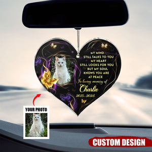 My Mind Still Talks To You - Personalized Photo Memorial Heart Acrylic Car Ornament - Gift For Family Member
